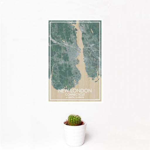 12x18 New London Connecticut Map Print Portrait Orientation in Afternoon Style With Small Cactus Plant in White Planter