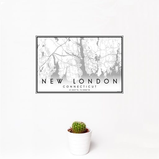 12x18 New London Connecticut Map Print Landscape Orientation in Classic Style With Small Cactus Plant in White Planter