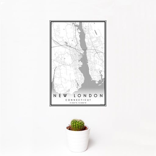 12x18 New London Connecticut Map Print Portrait Orientation in Classic Style With Small Cactus Plant in White Planter