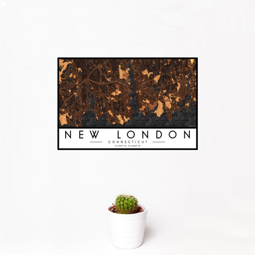 12x18 New London Connecticut Map Print Landscape Orientation in Ember Style With Small Cactus Plant in White Planter