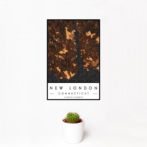 12x18 New London Connecticut Map Print Portrait Orientation in Ember Style With Small Cactus Plant in White Planter