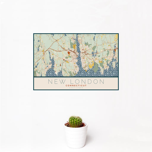 12x18 New London Connecticut Map Print Landscape Orientation in Woodblock Style With Small Cactus Plant in White Planter