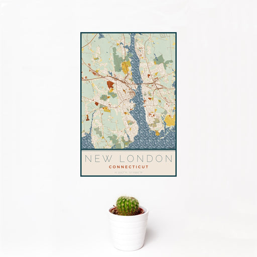 12x18 New London Connecticut Map Print Portrait Orientation in Woodblock Style With Small Cactus Plant in White Planter
