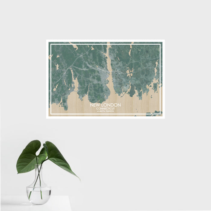 16x24 New London Connecticut Map Print Landscape Orientation in Afternoon Style With Tropical Plant Leaves in Water