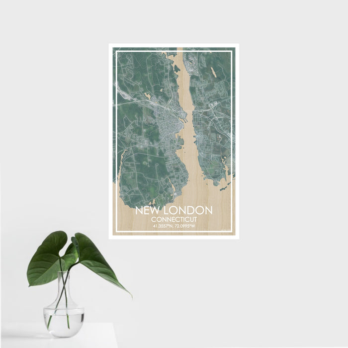 16x24 New London Connecticut Map Print Portrait Orientation in Afternoon Style With Tropical Plant Leaves in Water