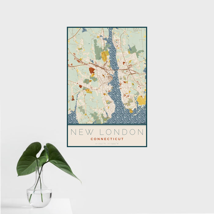 16x24 New London Connecticut Map Print Portrait Orientation in Woodblock Style With Tropical Plant Leaves in Water