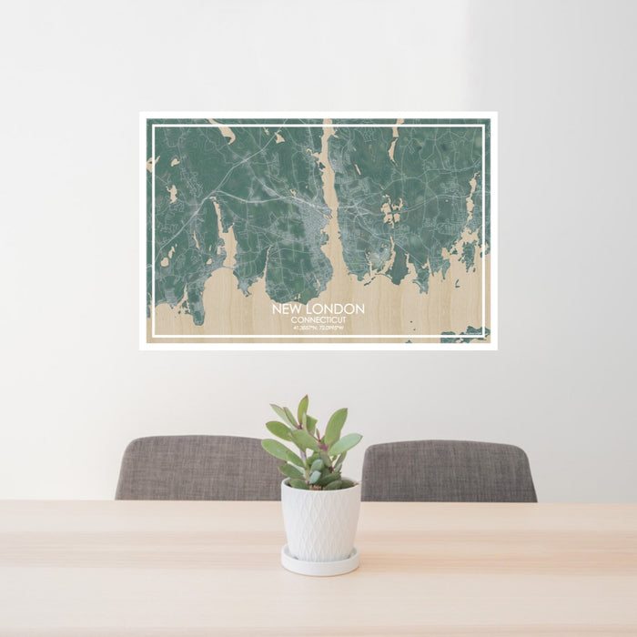 24x36 New London Connecticut Map Print Lanscape Orientation in Afternoon Style Behind 2 Chairs Table and Potted Plant