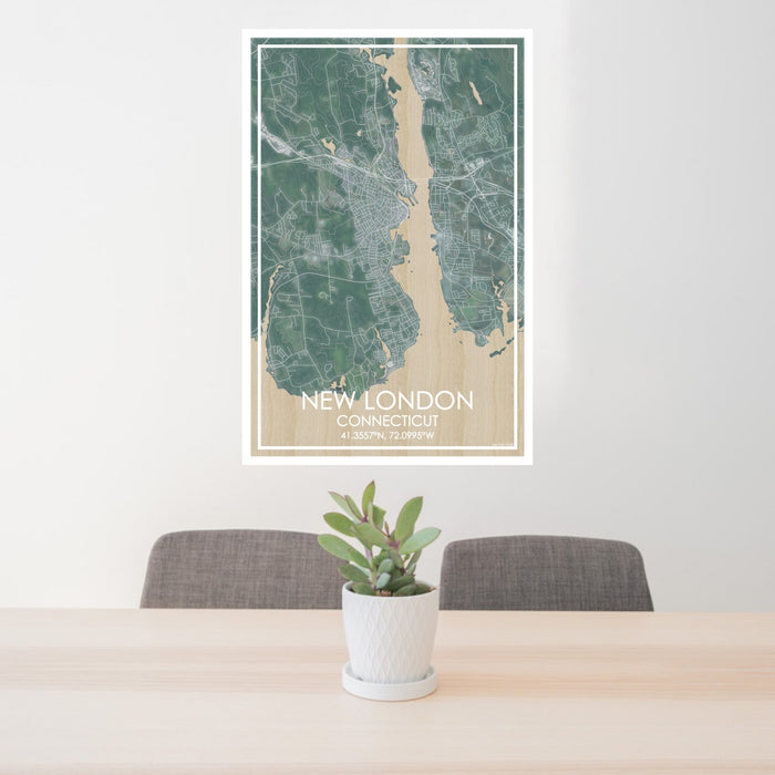 24x36 New London Connecticut Map Print Portrait Orientation in Afternoon Style Behind 2 Chairs Table and Potted Plant