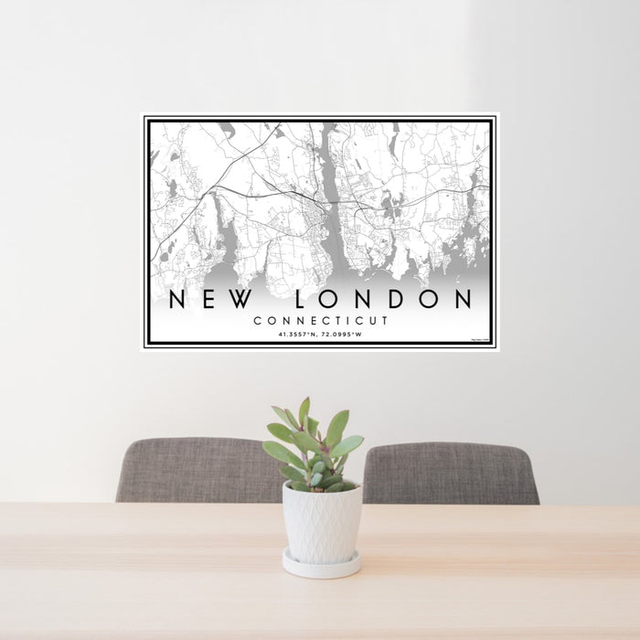 24x36 New London Connecticut Map Print Lanscape Orientation in Classic Style Behind 2 Chairs Table and Potted Plant
