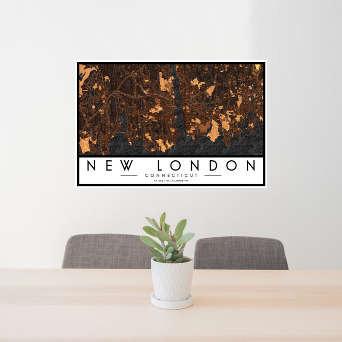 24x36 New London Connecticut Map Print Lanscape Orientation in Ember Style Behind 2 Chairs Table and Potted Plant