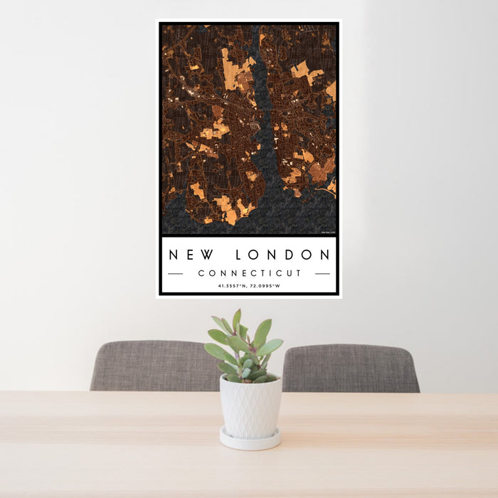 24x36 New London Connecticut Map Print Portrait Orientation in Ember Style Behind 2 Chairs Table and Potted Plant