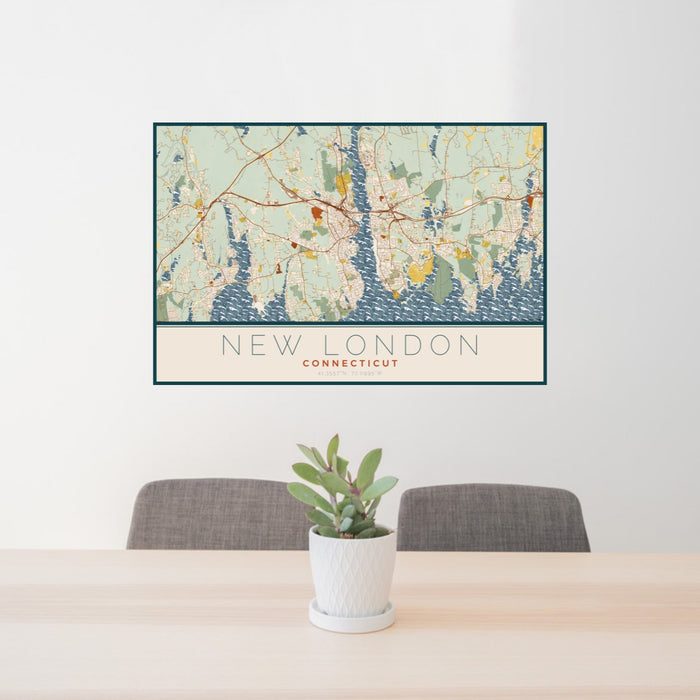 24x36 New London Connecticut Map Print Lanscape Orientation in Woodblock Style Behind 2 Chairs Table and Potted Plant