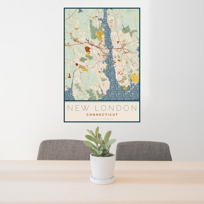 24x36 New London Connecticut Map Print Portrait Orientation in Woodblock Style Behind 2 Chairs Table and Potted Plant