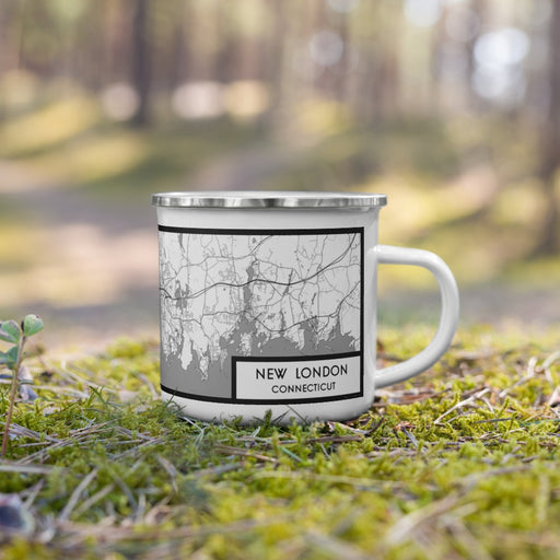 Right View Custom New London Connecticut Map Enamel Mug in Classic on Grass With Trees in Background