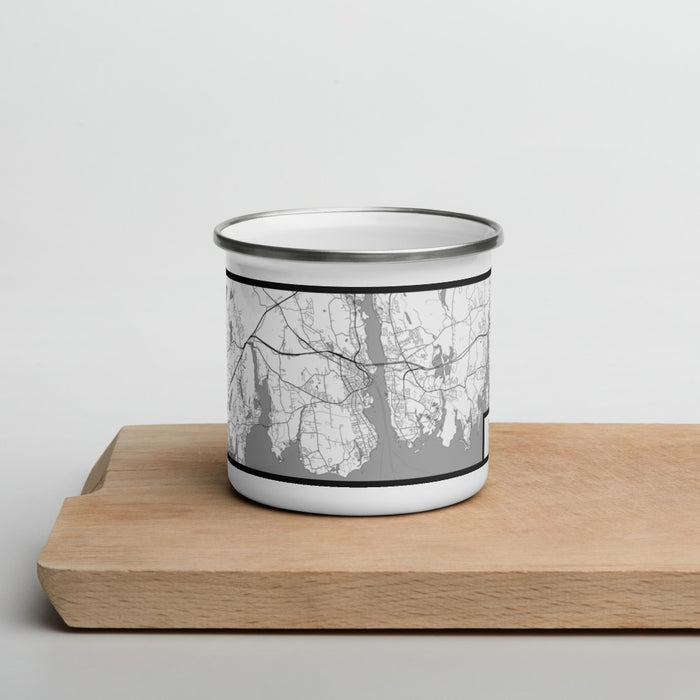 Front View Custom New London Connecticut Map Enamel Mug in Classic on Cutting Board
