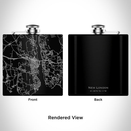 Rendered View of New London Connecticut Map Engraving on 6oz Stainless Steel Flask in Black
