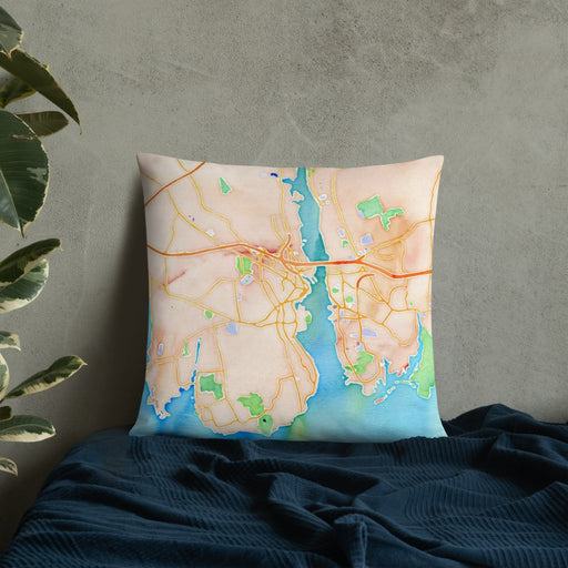 Custom New London Connecticut Map Throw Pillow in Watercolor on Bedding Against Wall