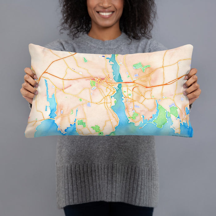 Person holding 20x12 Custom New London Connecticut Map Throw Pillow in Watercolor