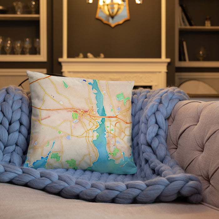 Custom New London Connecticut Map Throw Pillow in Watercolor on Cream Colored Couch
