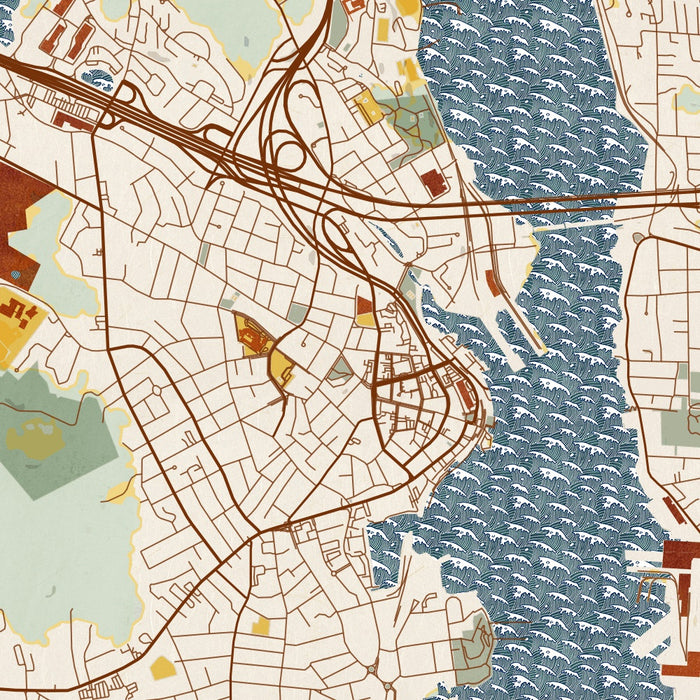 New London Connecticut Map Print in Woodblock Style Zoomed In Close Up Showing Details