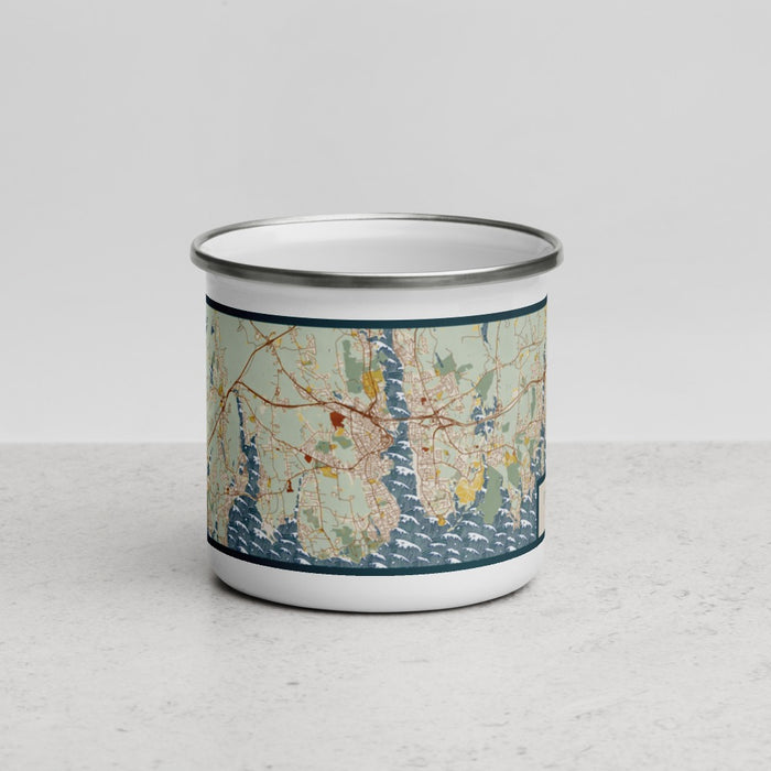 Front View Custom New London Connecticut Map Enamel Mug in Woodblock