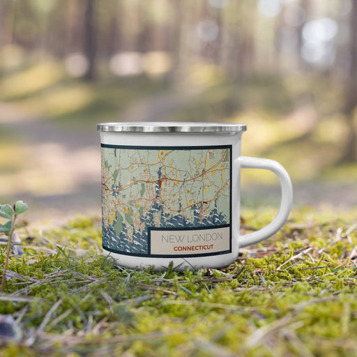 Right View Custom New London Connecticut Map Enamel Mug in Woodblock on Grass With Trees in Background