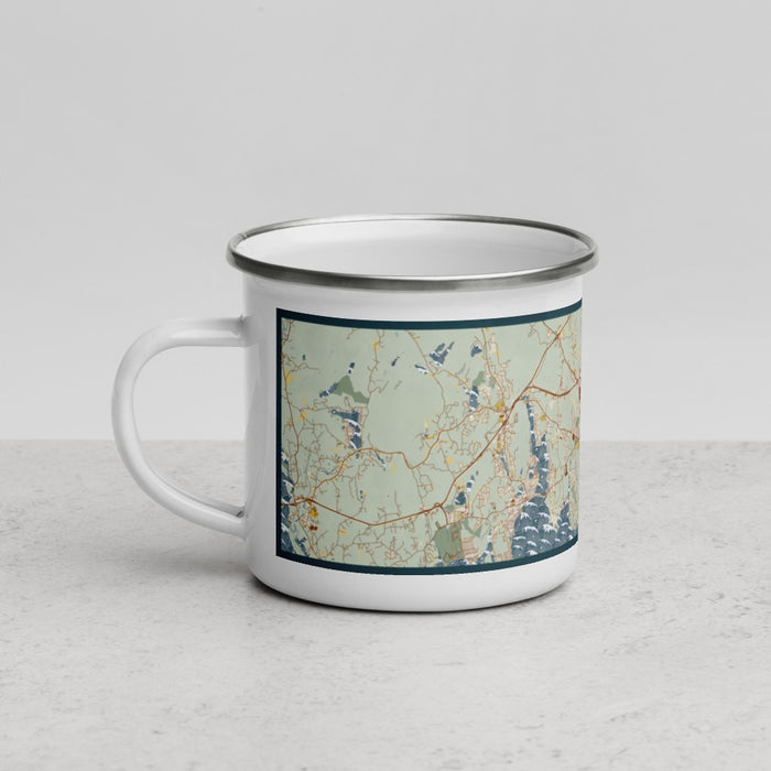 Left View Custom New London Connecticut Map Enamel Mug in Woodblock