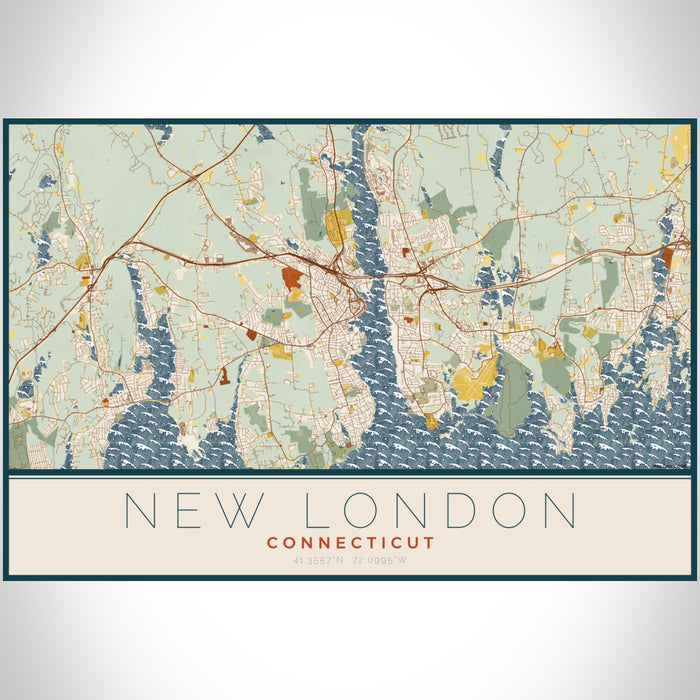 New London Connecticut Map Print Landscape Orientation in Woodblock Style With Shaded Background