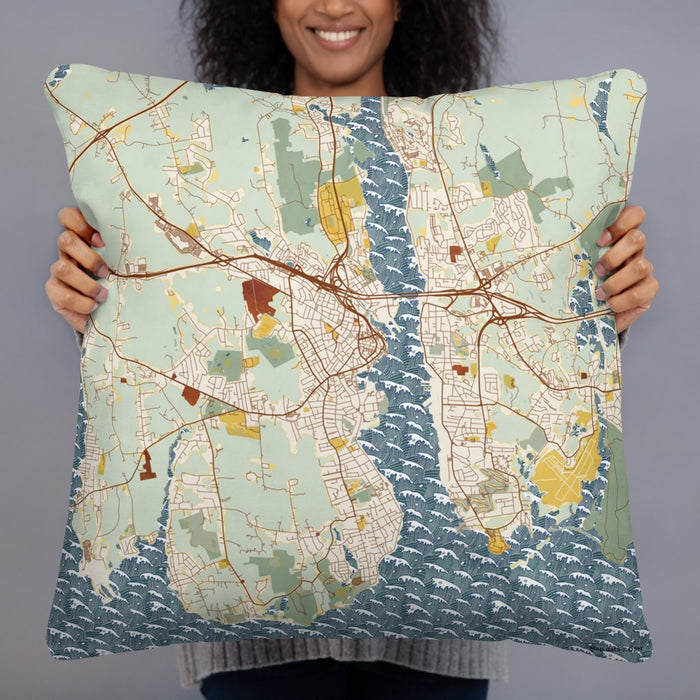 Person holding 22x22 Custom New London Connecticut Map Throw Pillow in Woodblock