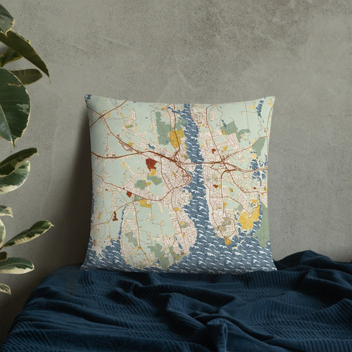 Custom New London Connecticut Map Throw Pillow in Woodblock on Bedding Against Wall