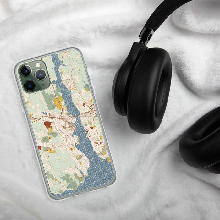 Custom New London Connecticut Map Phone Case in Woodblock on Table with Black Headphones