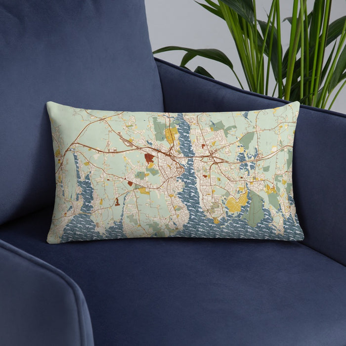 Custom New London Connecticut Map Throw Pillow in Woodblock on Blue Colored Chair