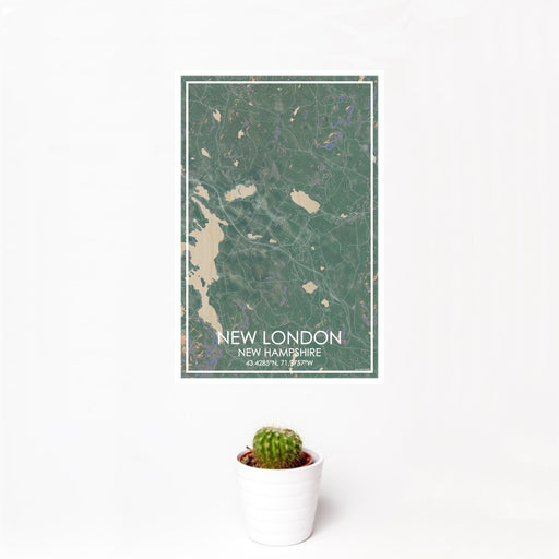 12x18 New London New Hampshire Map Print Portrait Orientation in Afternoon Style With Small Cactus Plant in White Planter