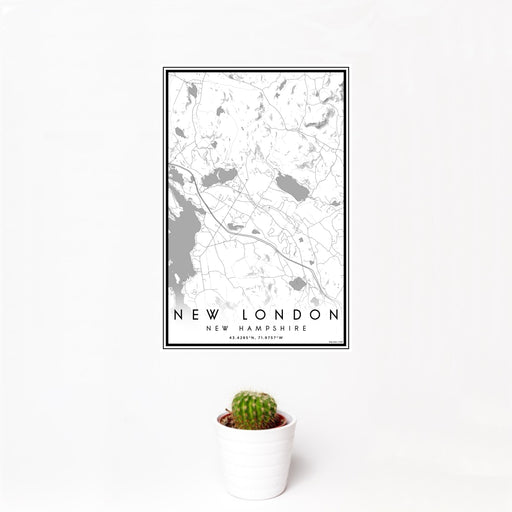 12x18 New London New Hampshire Map Print Portrait Orientation in Classic Style With Small Cactus Plant in White Planter