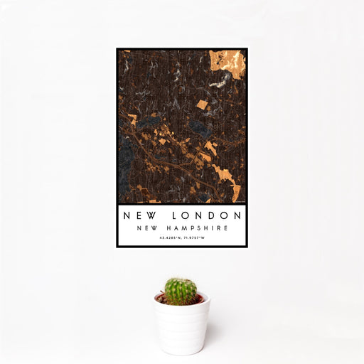 12x18 New London New Hampshire Map Print Portrait Orientation in Ember Style With Small Cactus Plant in White Planter