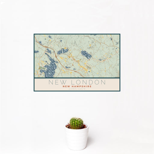 12x18 New London New Hampshire Map Print Landscape Orientation in Woodblock Style With Small Cactus Plant in White Planter