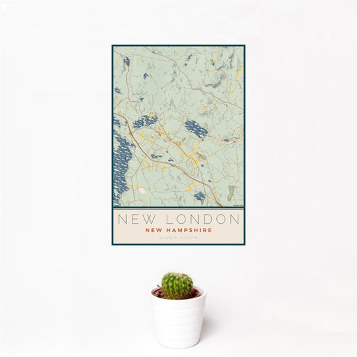 12x18 New London New Hampshire Map Print Portrait Orientation in Woodblock Style With Small Cactus Plant in White Planter