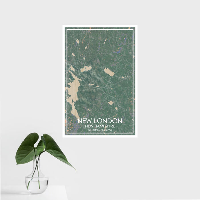16x24 New London New Hampshire Map Print Portrait Orientation in Afternoon Style With Tropical Plant Leaves in Water