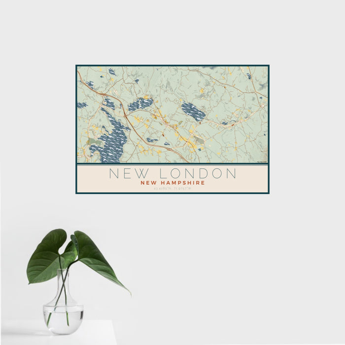 16x24 New London New Hampshire Map Print Landscape Orientation in Woodblock Style With Tropical Plant Leaves in Water