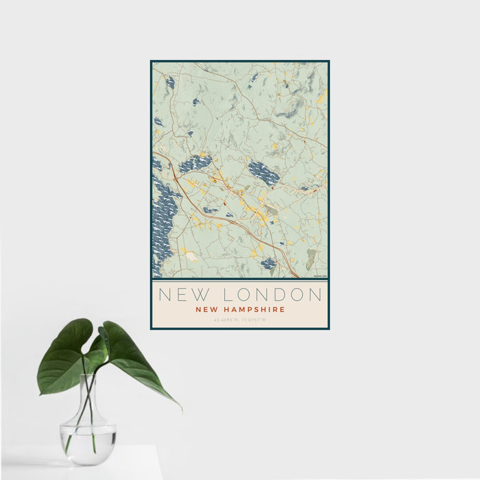 16x24 New London New Hampshire Map Print Portrait Orientation in Woodblock Style With Tropical Plant Leaves in Water