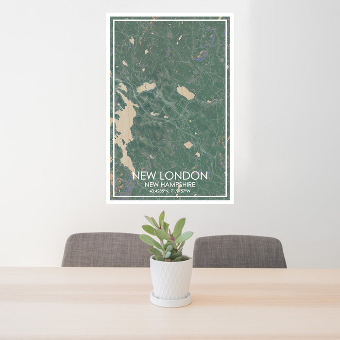 24x36 New London New Hampshire Map Print Portrait Orientation in Afternoon Style Behind 2 Chairs Table and Potted Plant