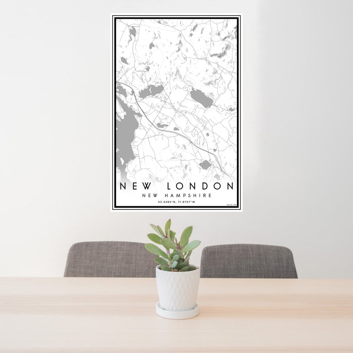 24x36 New London New Hampshire Map Print Portrait Orientation in Classic Style Behind 2 Chairs Table and Potted Plant