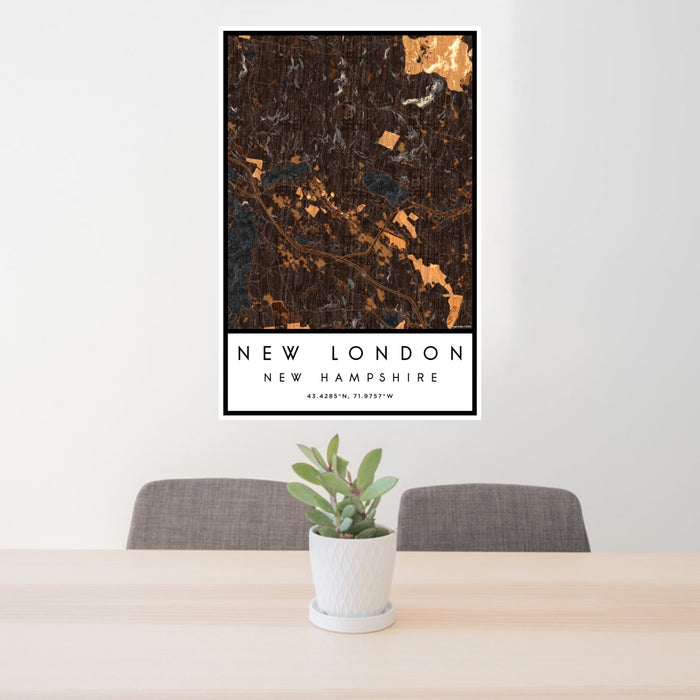24x36 New London New Hampshire Map Print Portrait Orientation in Ember Style Behind 2 Chairs Table and Potted Plant
