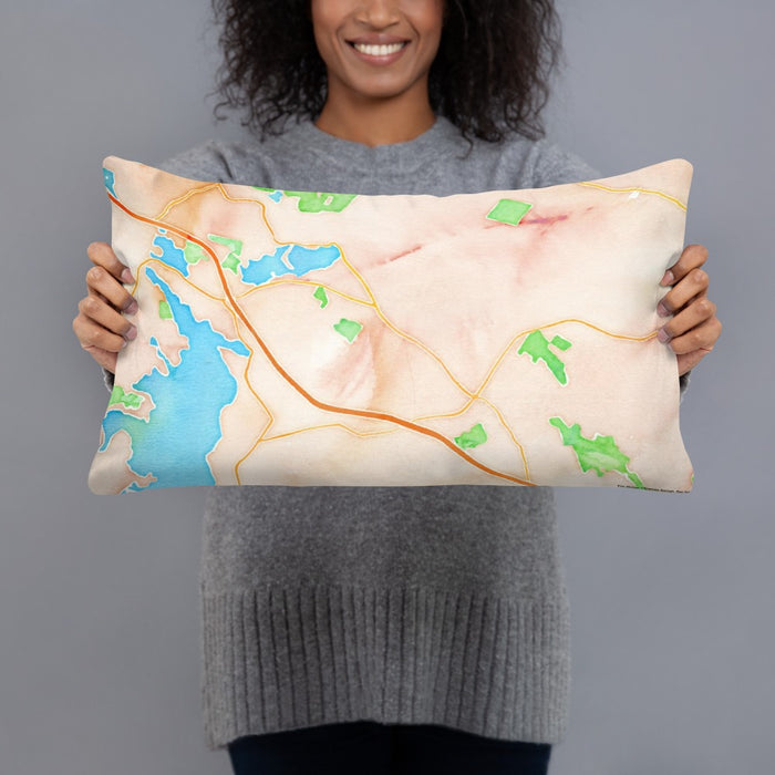 Person holding 20x12 Custom New London New Hampshire Map Throw Pillow in Watercolor