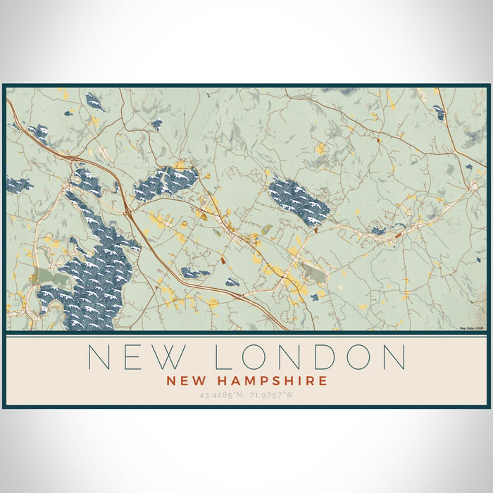 New London New Hampshire Map Print Landscape Orientation in Woodblock Style With Shaded Background
