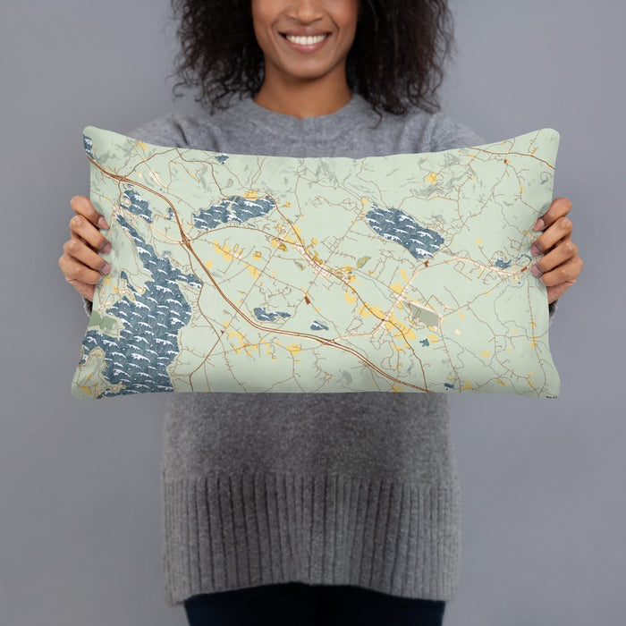 Person holding 20x12 Custom New London New Hampshire Map Throw Pillow in Woodblock
