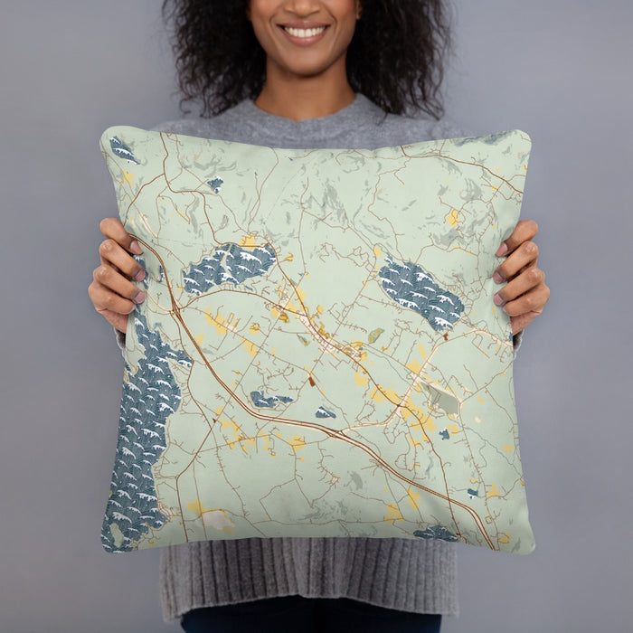 Person holding 18x18 Custom New London New Hampshire Map Throw Pillow in Woodblock
