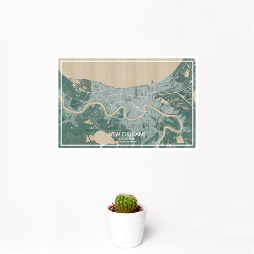 12x18 New Orleans Louisiana Map Print Landscape Orientation in Afternoon Style With Small Cactus Plant in White Planter