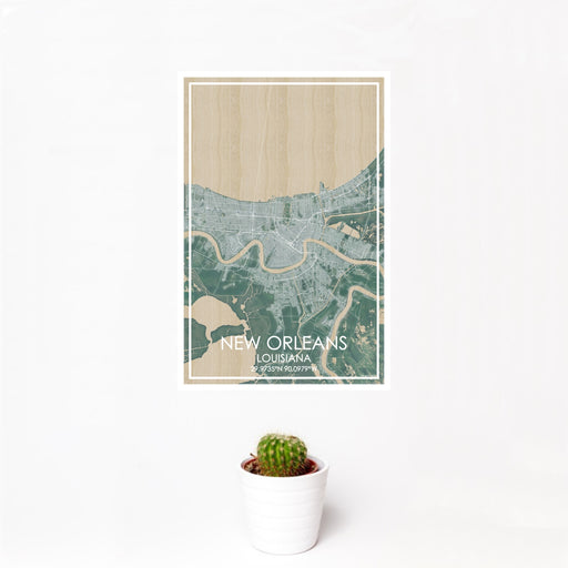 12x18 New Orleans Louisiana Map Print Portrait Orientation in Afternoon Style With Small Cactus Plant in White Planter
