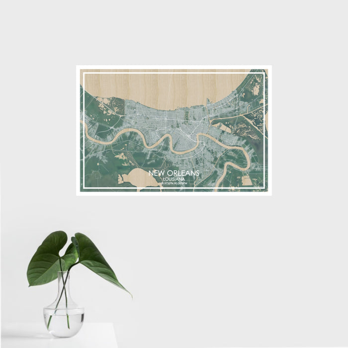 16x24 New Orleans Louisiana Map Print Landscape Orientation in Afternoon Style With Tropical Plant Leaves in Water